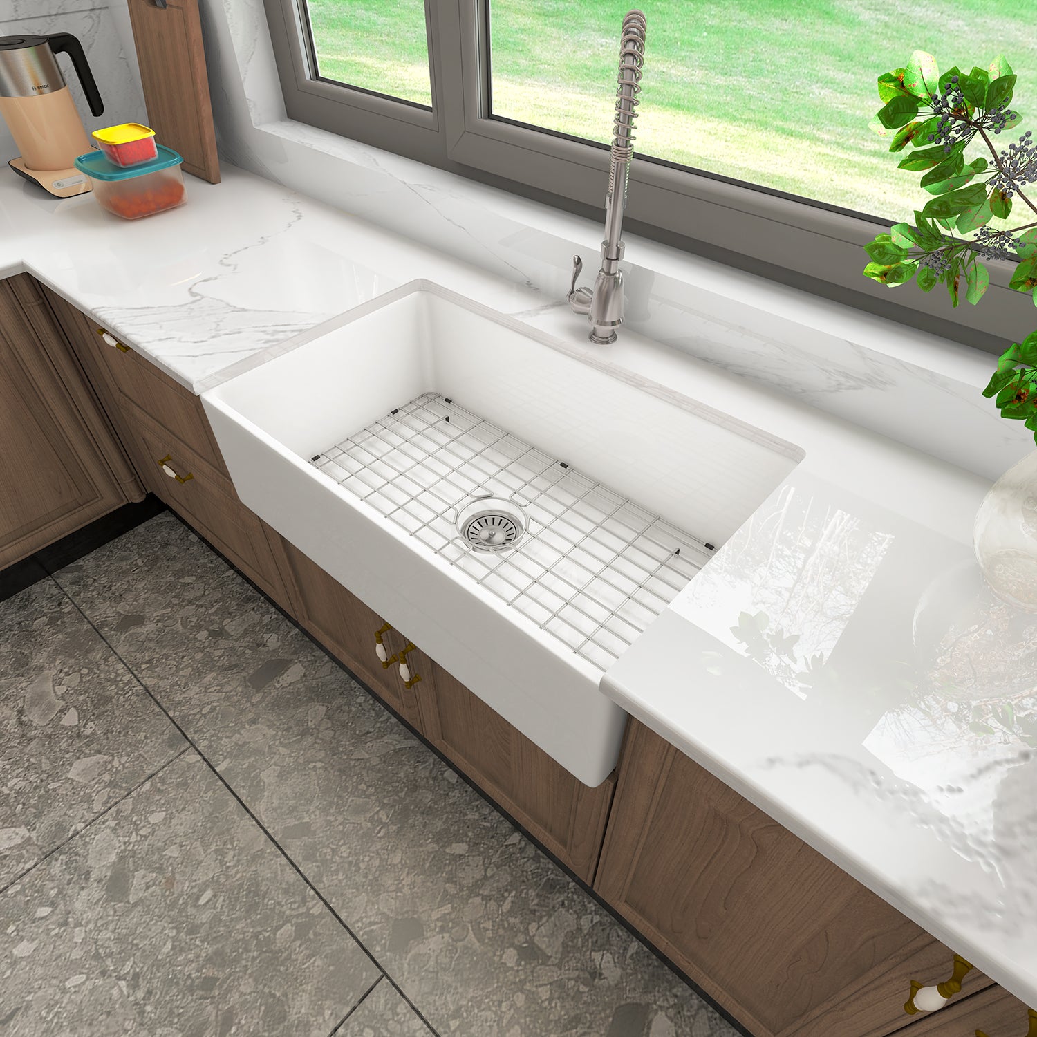 Sinber White Rectangular Ceramic Single Bowl Apron farmhouse Kitchen Sink With Strainer