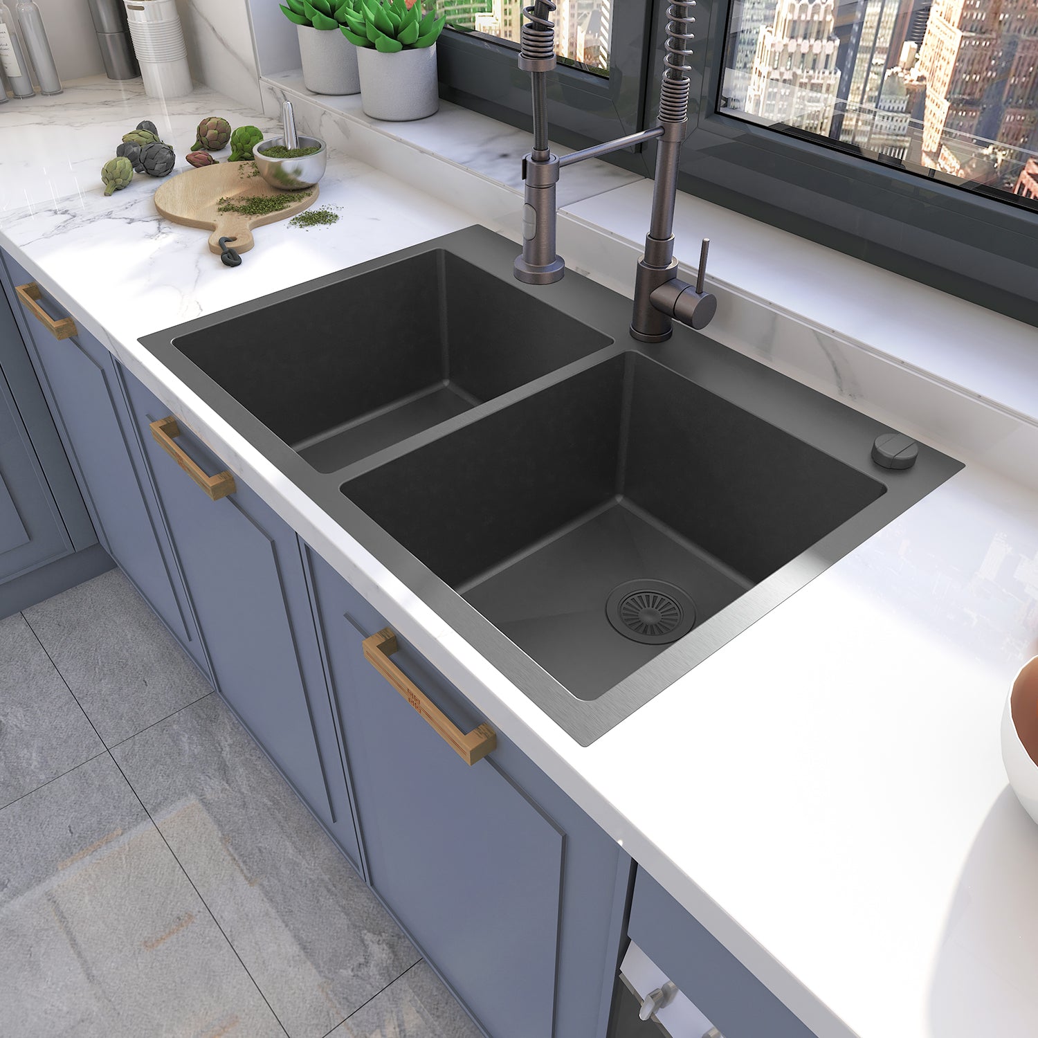 Sinber 33" x 22" x 9" Drop In Double Bowl Kitchen Sink with 18 Gauge 304 Stainless Steel Black Finish HT3322D-B (Sink Only)