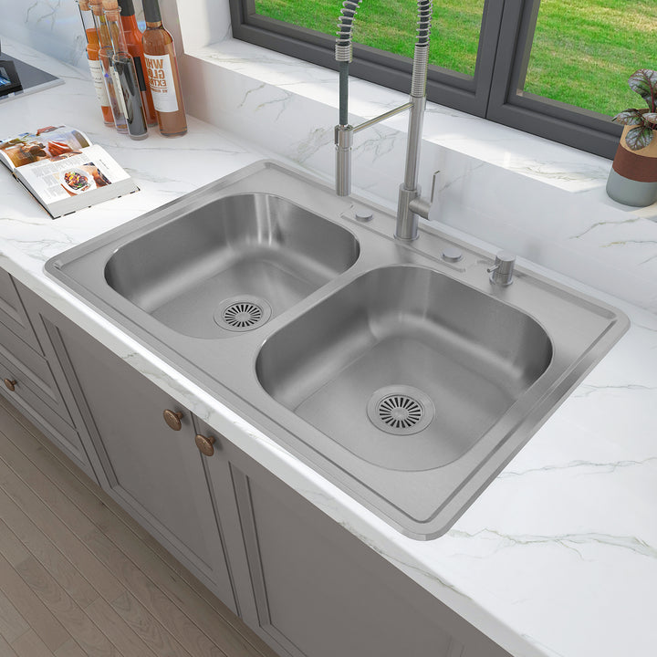 Sinber 33 Drop in Double Bowl Kitchen Sink with 304 Stainless Steel  HT3322D-S-9