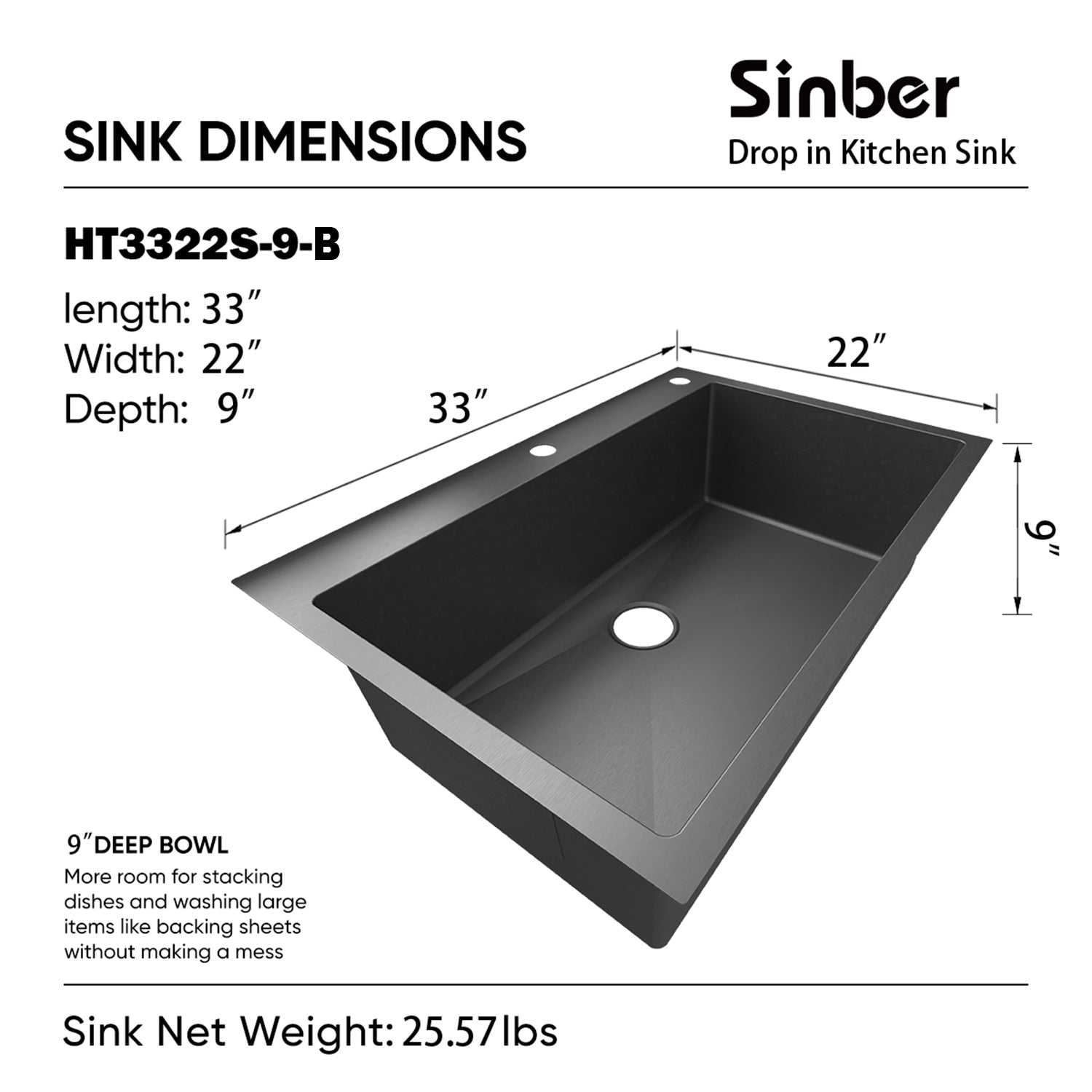Sinber 33" x 22" x 9" Drop In Single Bowl Kitchen Sink with 18 Gauge 304 Stainless Steel Black Finish HT3322S-B (Sink Only)