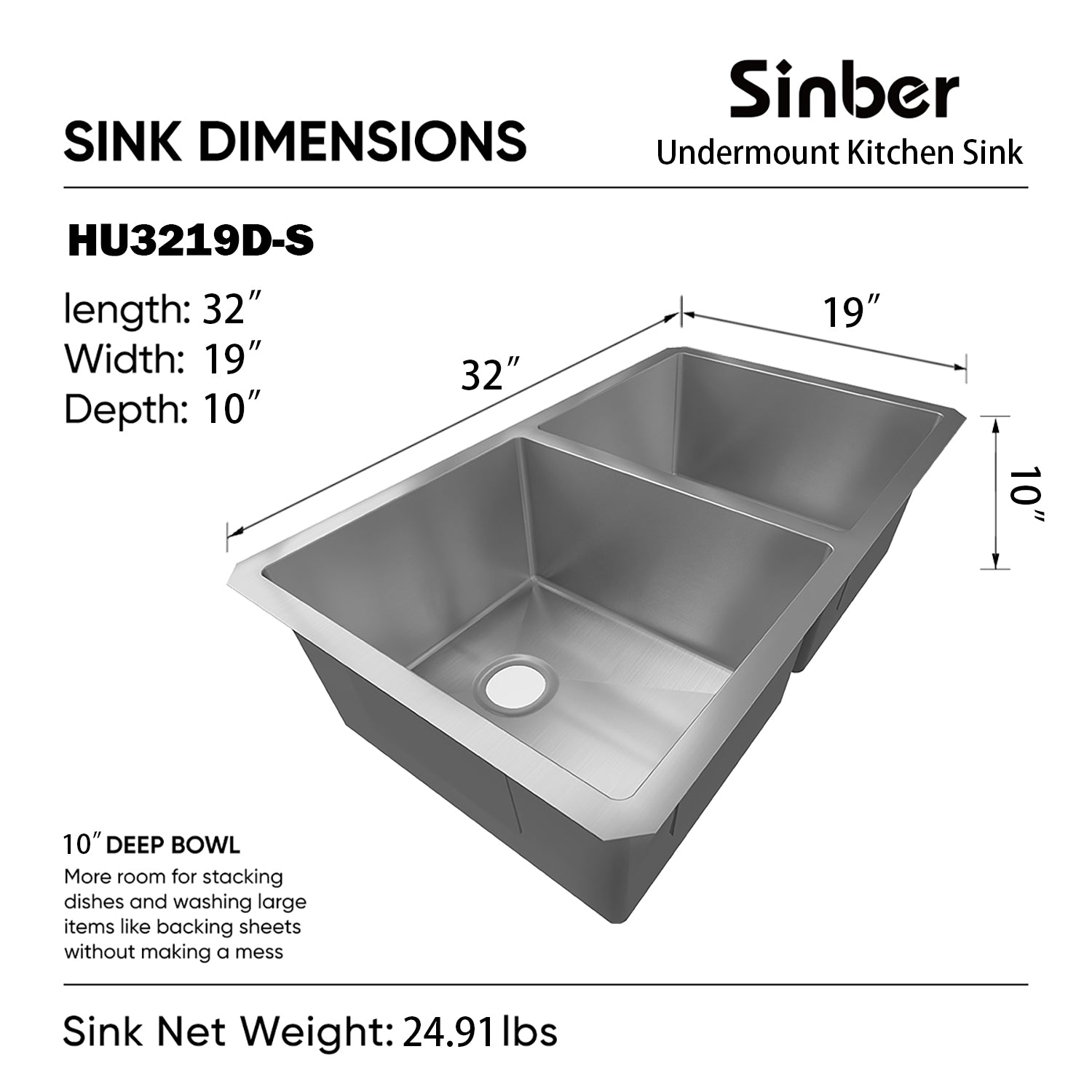 Sinber 32" x 19" x 10" Undermount Double Bowl Kitchen Sink with 304 Stainless Steel Satin Finish