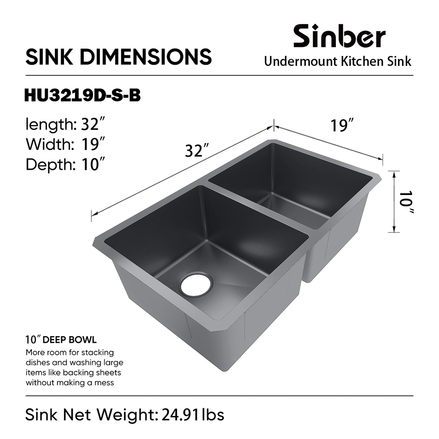Sinber 32" x 19" x 10" Undermount Double Bowl Kitchen Sink with 18 Gauge 304 Stainless Steel Black Finish HU3219D-B (Sink Only)