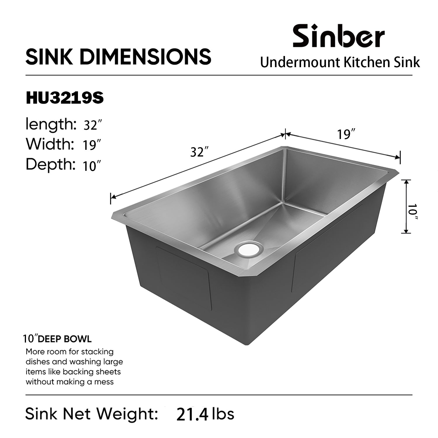 Sinber 32" x 19" x 10" Undermount Single Bowl Kitchen Sink with 18 Gauge 304 Stainless Steel Satin Finish HU3219S-S (Sink Only)