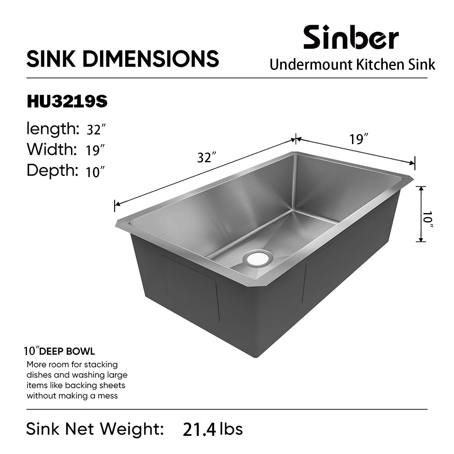 Sinber 32" x 19" x 10" Undermount Single Bowl Kitchen Sink with 16 Gauge 304 Stainless Steel Satin Finish HU3219S-S-16 (Sink Only)