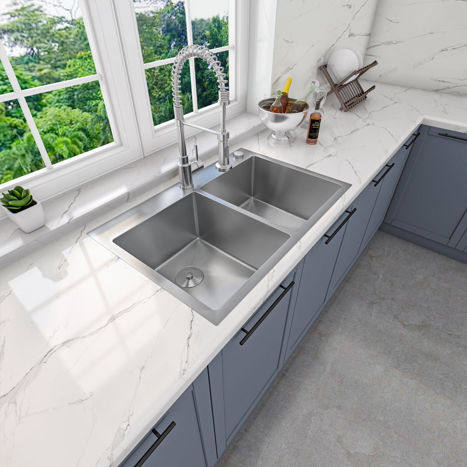Sinber 33" x 22" x 9" Drop In Double Bowl Kitchen Sink with 18 Gauge 304 Stainless Steel Satin Finish HT3322D-S-9 (Sink Only)