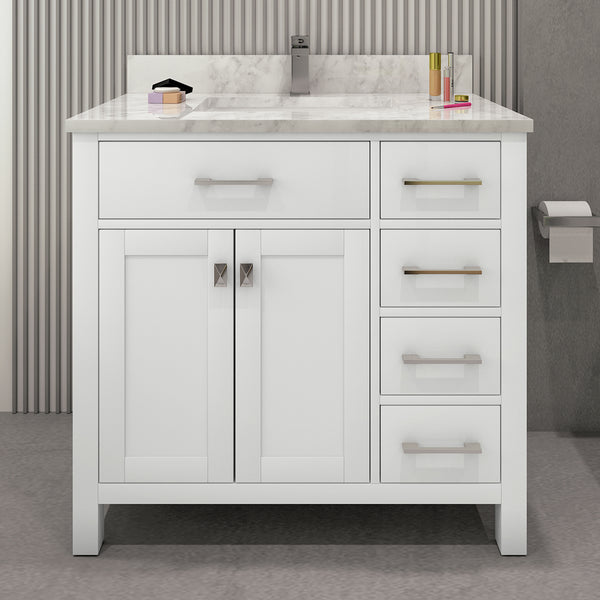 Sinber 36 Inch Rectangular Sink Bathroom Vanity Cabinet with Carrara White Marble Countertop | 2 Soft Closing Doors and 4 Full Extension Dovetail Cabinet Drawer (Style 1)