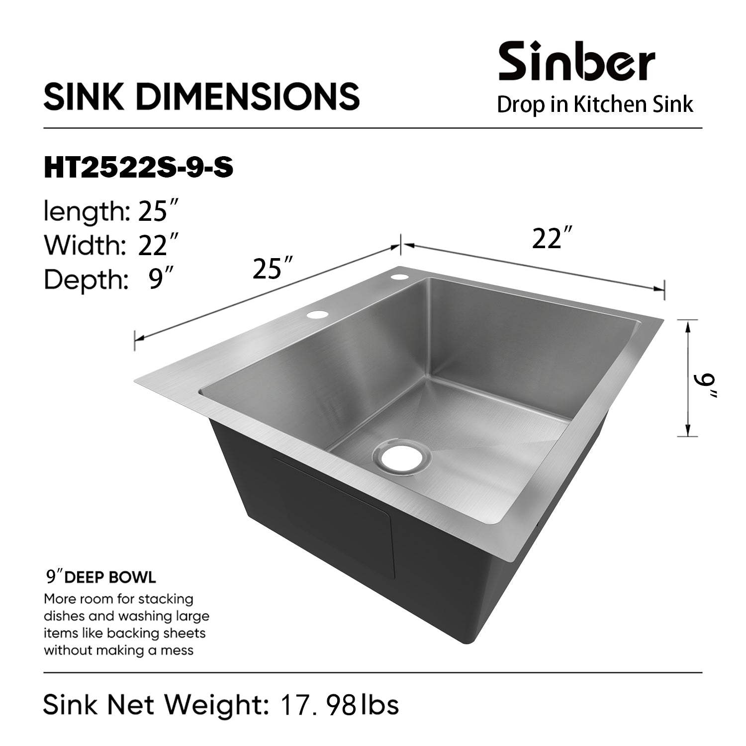 Sinber 25" x 22" x 9" Drop In Single Bowl Kitchen Sink with 18 Gauge 304 Stainless Steel Satin Finish HT2522S-9-S (Sink Only)