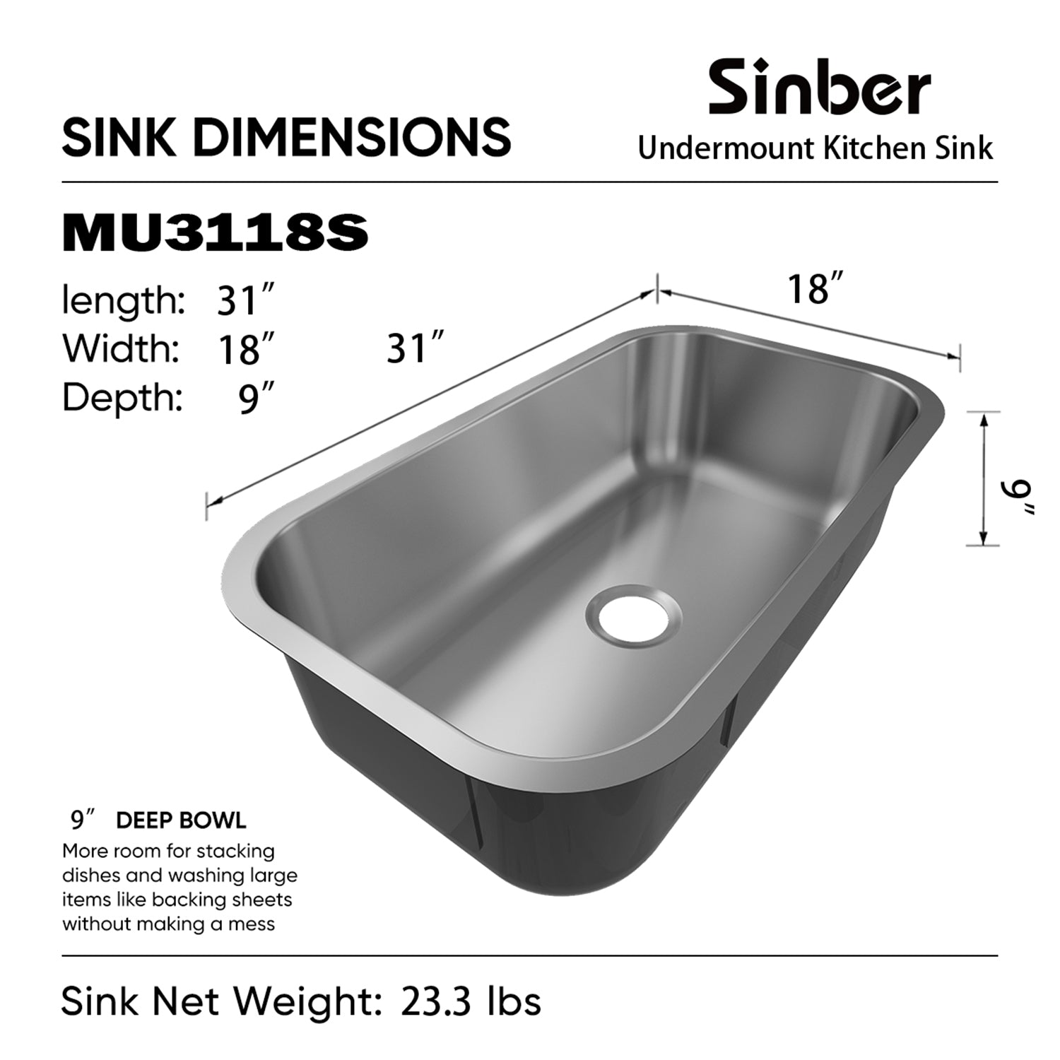 Sinber 31" x 18" x 9" Undermount Single Bowl Kitchen Sink with 18 Gauge 304 Stainless Steel Satin Finish MU3118S (Sink Only)