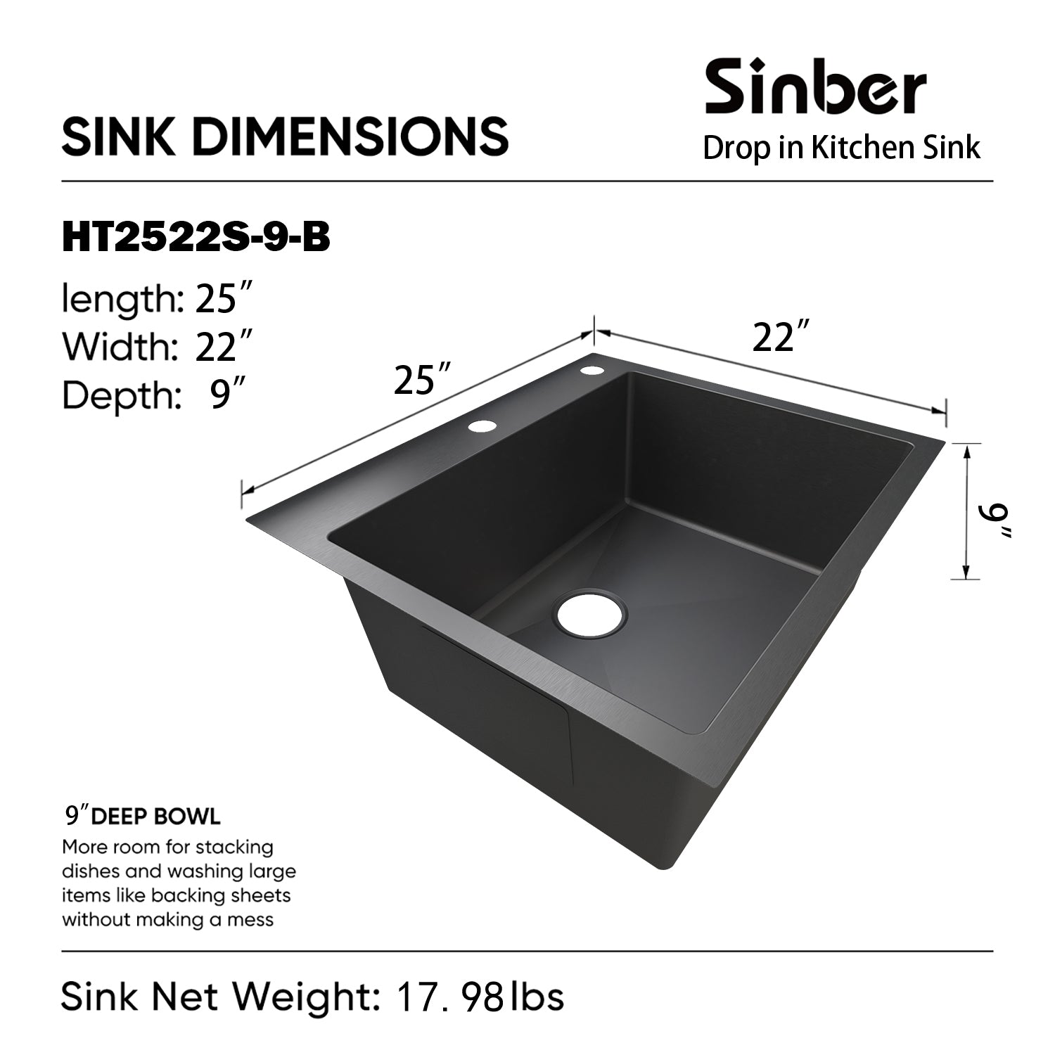 Sinber 25" x 22" x 9" Drop In Single Bowl Kitchen Sink with 18 Gauge 304 Stainless Steel Black Finish HT2522S-B (Sink Only)