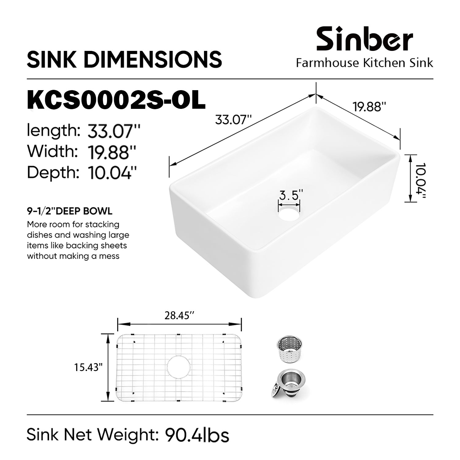 Sinber White Rectangular Ceramic Single Bowl Apron farmhouse Kitchen Sink With Strainer