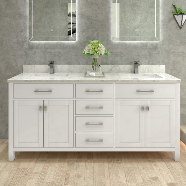 Sinber 72 Inch Rectangular Sink Bathroom Vanity Cabinet with Carrara White Marble Countertop | 4 Soft Closing Doors and 4 Full Extension Dovetail Cabinet Drawer(Style 1)