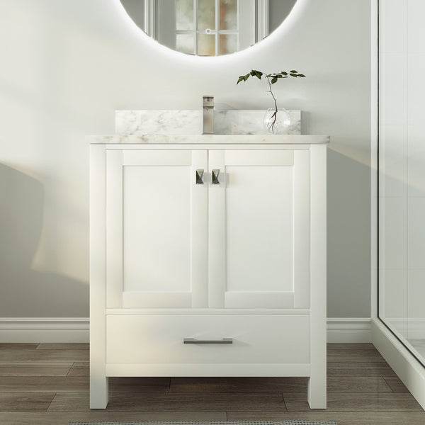 Sinber 30 Inch Rectangular Sink Bathroom Vanity Cabinet with Carrara White Marble Countertop | 2 Soft Closing Doors and 1 Full Extension Dovetail Cabinet Drawer (Style 1)