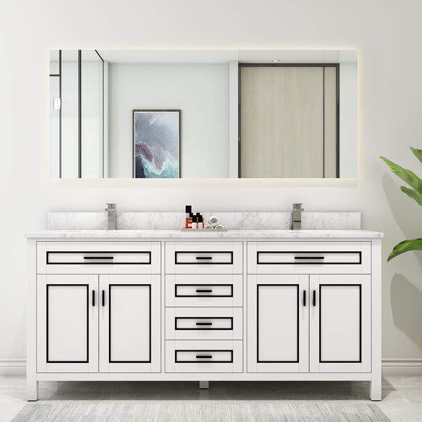 Sinber 72 Inch Rectangular Sink Bathroom Vanity Cabinet with Carrara White Marble Countertop | 4 Soft Closing Doors and 4 Full Extension Dovetail Cabinet Drawer(Style 2)