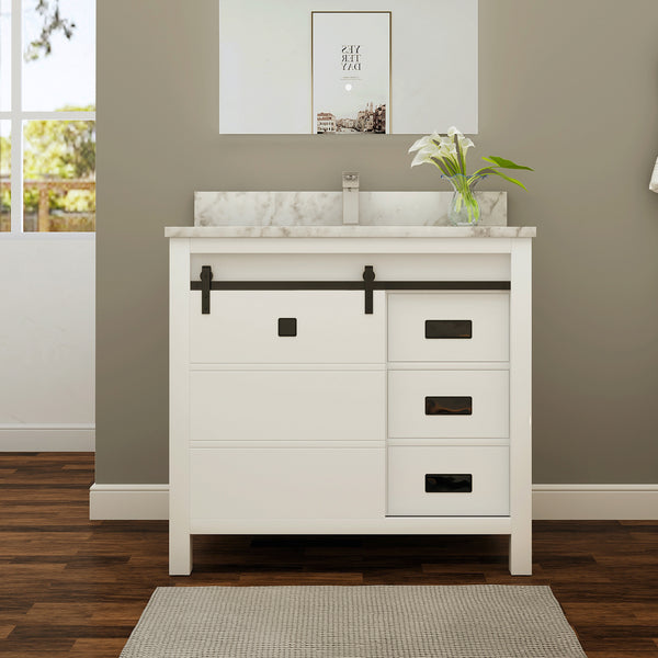Sinber 36 Inch Rectangular Sink Bathroom Vanity Cabinet with Carrara White Marble Countertop | 2 Soft Closing Doors and 3 Full Extension Dovetail Cabinet Drawer (Style 3)