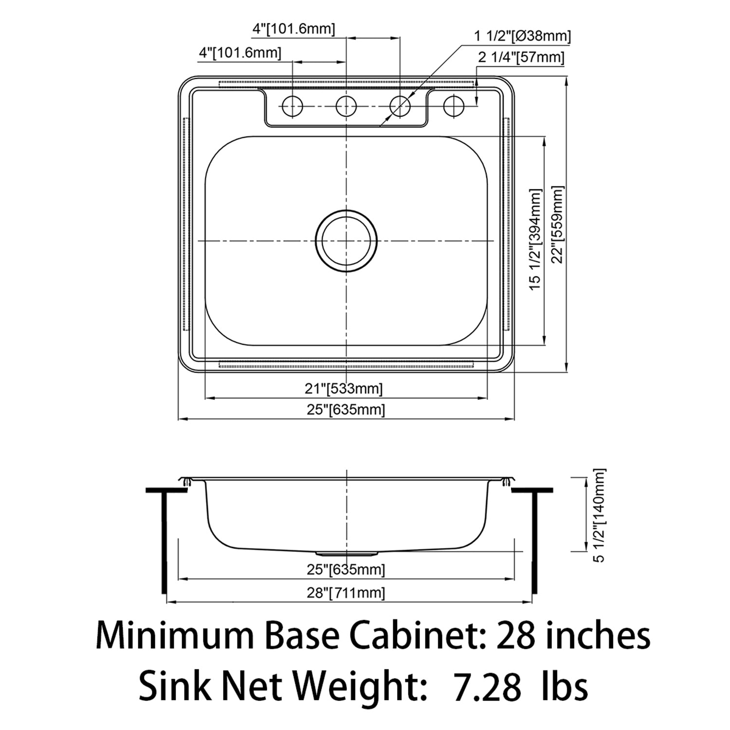 Sinber 25" Drop in Singel Bowl 304 Stainless Steel Kitchen Sink