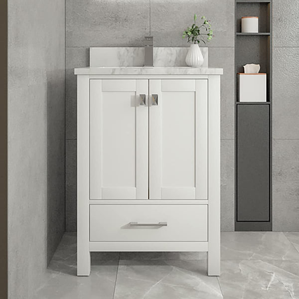 Sinber 24 Inch Rectangular Sink Bathroom Vanity Cabinet with Carrara White Marble Countertop | 2 Soft Closing Doors and 1 Full Extension Dovetail Cabinet Drawer(Style 1)