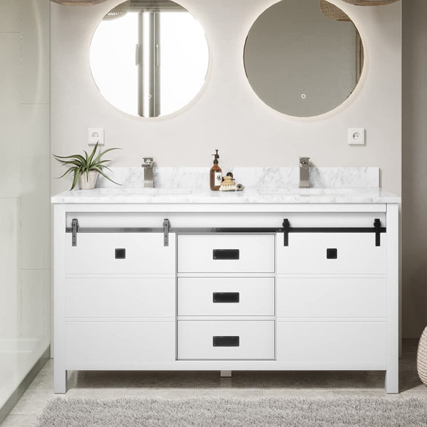 Sinber 60 Inch Rectangular Sink Bathroom Vanity Cabinet with Carrara White Marble Countertop | 2 Soft Closing Doors and 3 Full Extension Dovetail Cabinet Drawer(Style 3)