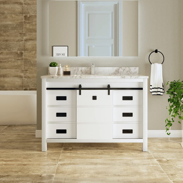 Sinber 48 Inch Rectangular Sink Bathroom Vanity Cabinet with Carrara White Marble Countertop | 1 Soft Closing Doors and 6 Full Extension Dovetail Cabinet Drawer(Style 3)