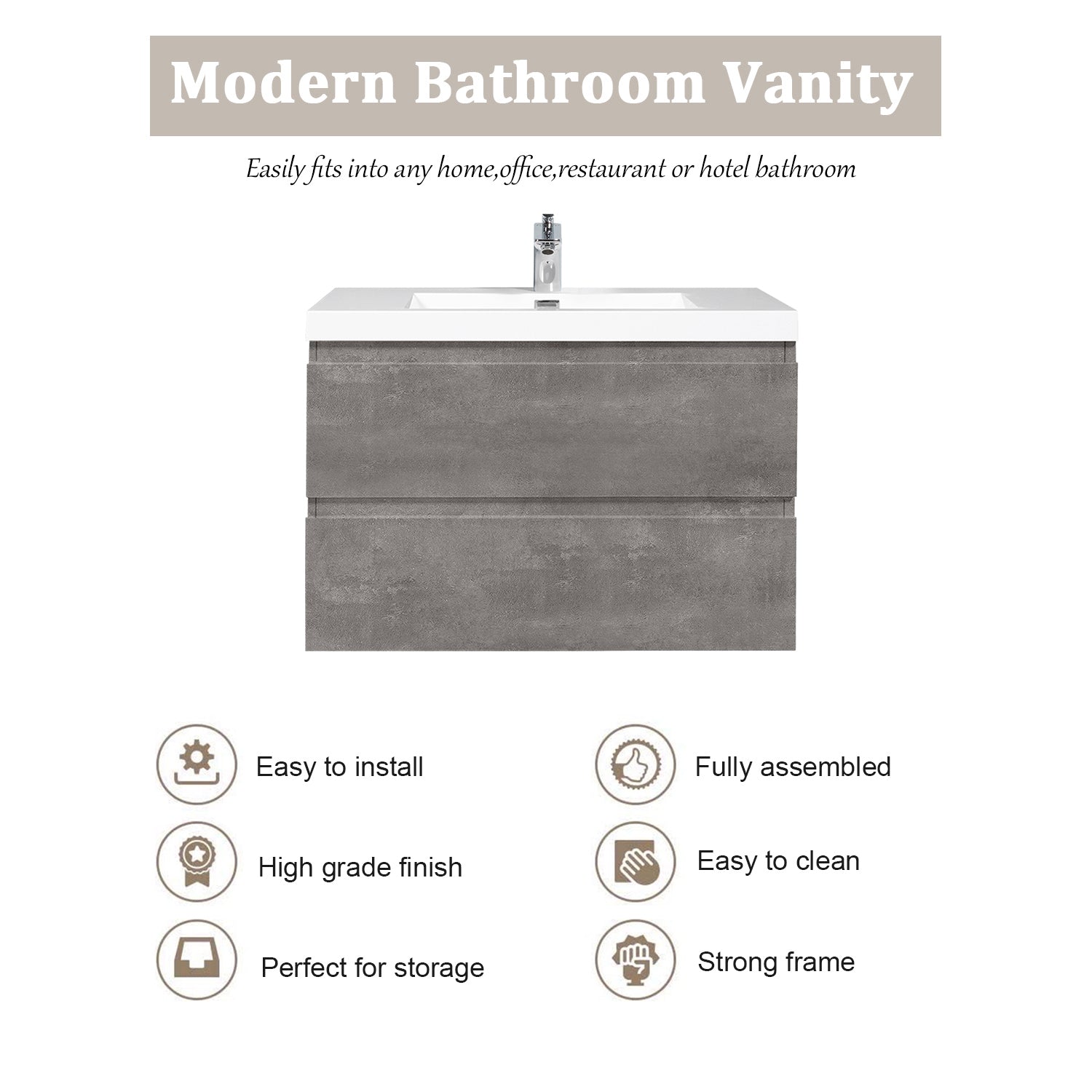 Sinber 30" Wall Mounted Small Single Rectangular Sink Bathroom Vanity Cabinet with White Acrylic Countertop 2 Drawers, Compact and Elegant with Sleek Design for Modern Bathrooms