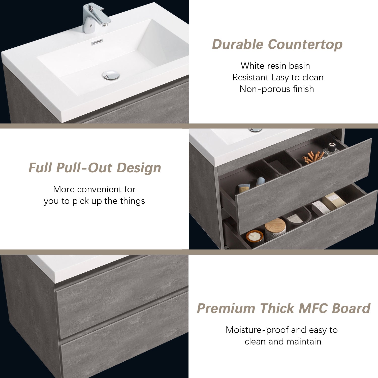 Sinber 30" Wall Mounted Small Single Rectangular Sink Bathroom Vanity Cabinet with White Acrylic Countertop 2 Drawers, Compact and Elegant with Sleek Design for Modern Bathrooms