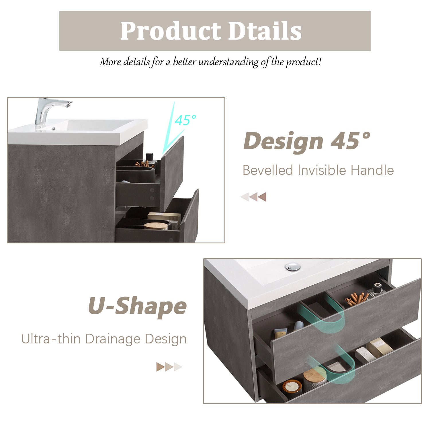 Sinber 30" Wall Mounted Small Single Rectangular Sink Bathroom Vanity Cabinet with White Acrylic Countertop 2 Drawers, Compact and Elegant with Sleek Design for Modern Bathrooms