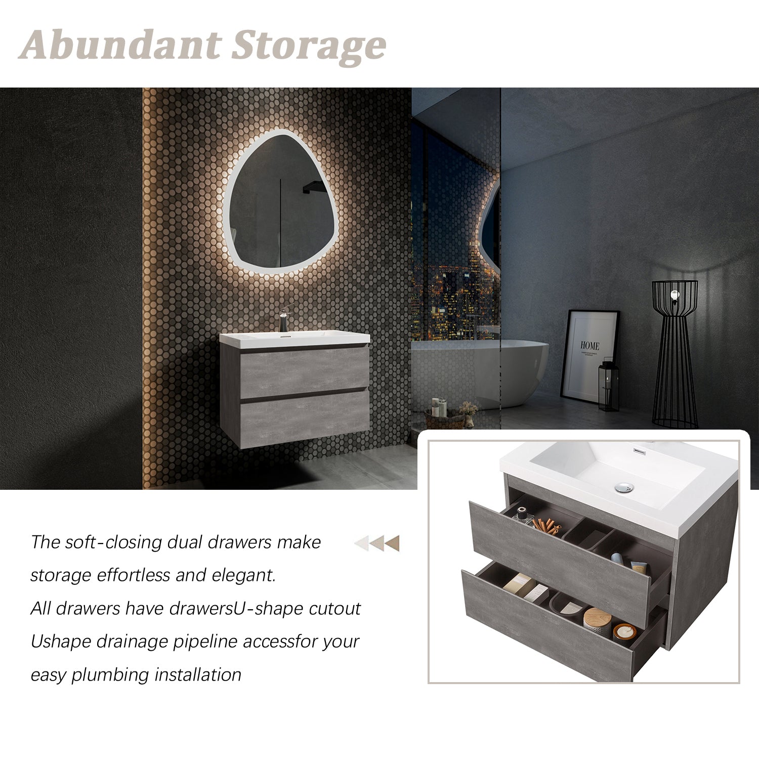 Sinber 30" Wall Mounted Small Single Rectangular Sink Bathroom Vanity Cabinet with White Acrylic Countertop 2 Drawers, Compact and Elegant with Sleek Design for Modern Bathrooms