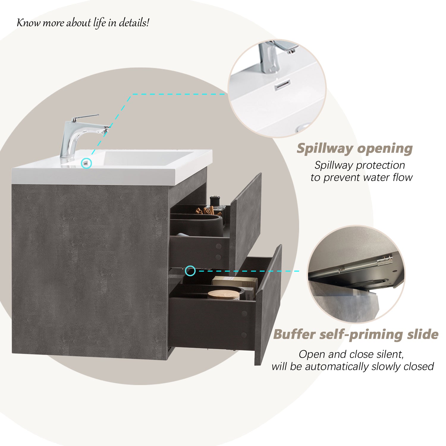 Sinber 30" Wall Mounted Small Single Rectangular Sink Bathroom Vanity Cabinet with White Acrylic Countertop 2 Drawers, Compact and Elegant with Sleek Design for Modern Bathrooms
