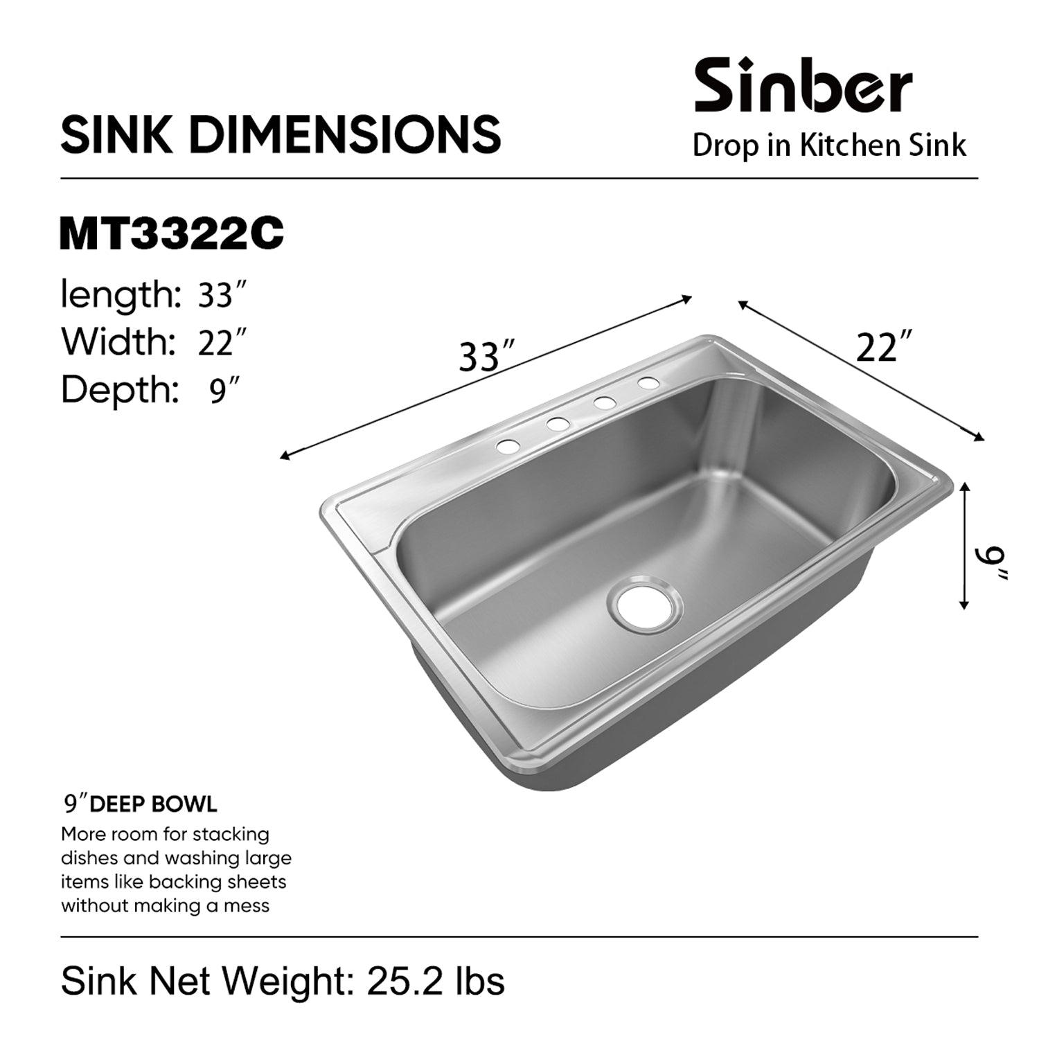 Sinber 33" x 22" x 9" Drop In Single Bowl Kitchen Sink with 18 Gauge 304 Stainless Steel Satin Finish MT3322C (Sink Only)