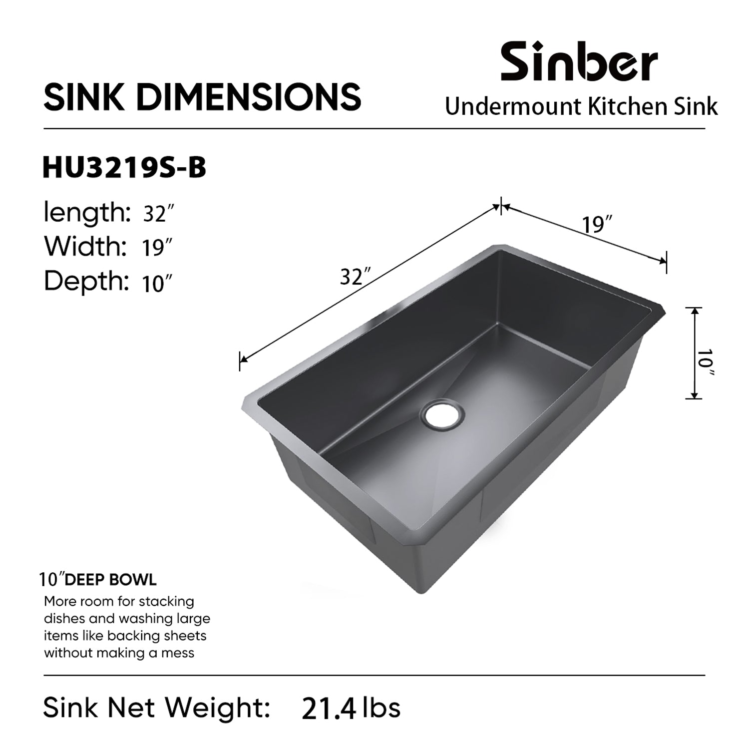 Sinber 32" x 19" x 10" Undermount Single Bowl Kitchen Sink with 18 Gauge 304 Stainless Steel Black Finish HU3219S-B (Sink Only)