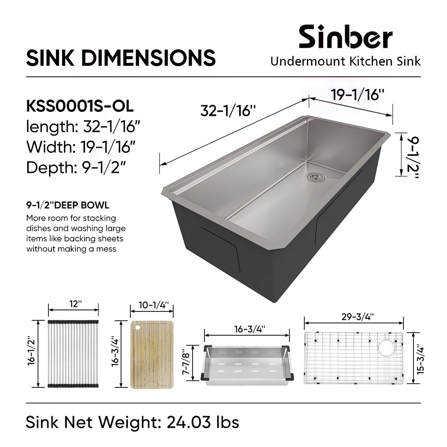 Sinber  Undermount Single Bowl Workstation Kitchen Sink with 16 Gauge 304 Stainless Steel Satin Finish 6 Accessories