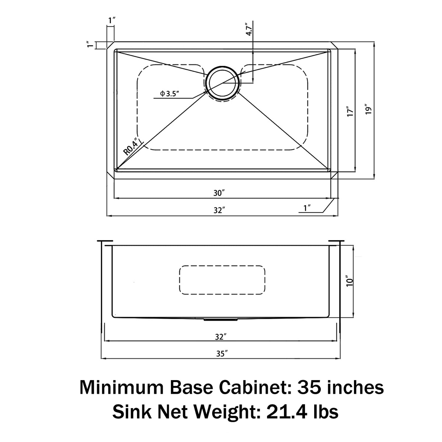Sinber 32" x 19" x 10" Undermount Single Bowl Kitchen Sink with 16 Gauge 304 Stainless Steel Satin Finish HU3219S-S-16 (Sink Only)